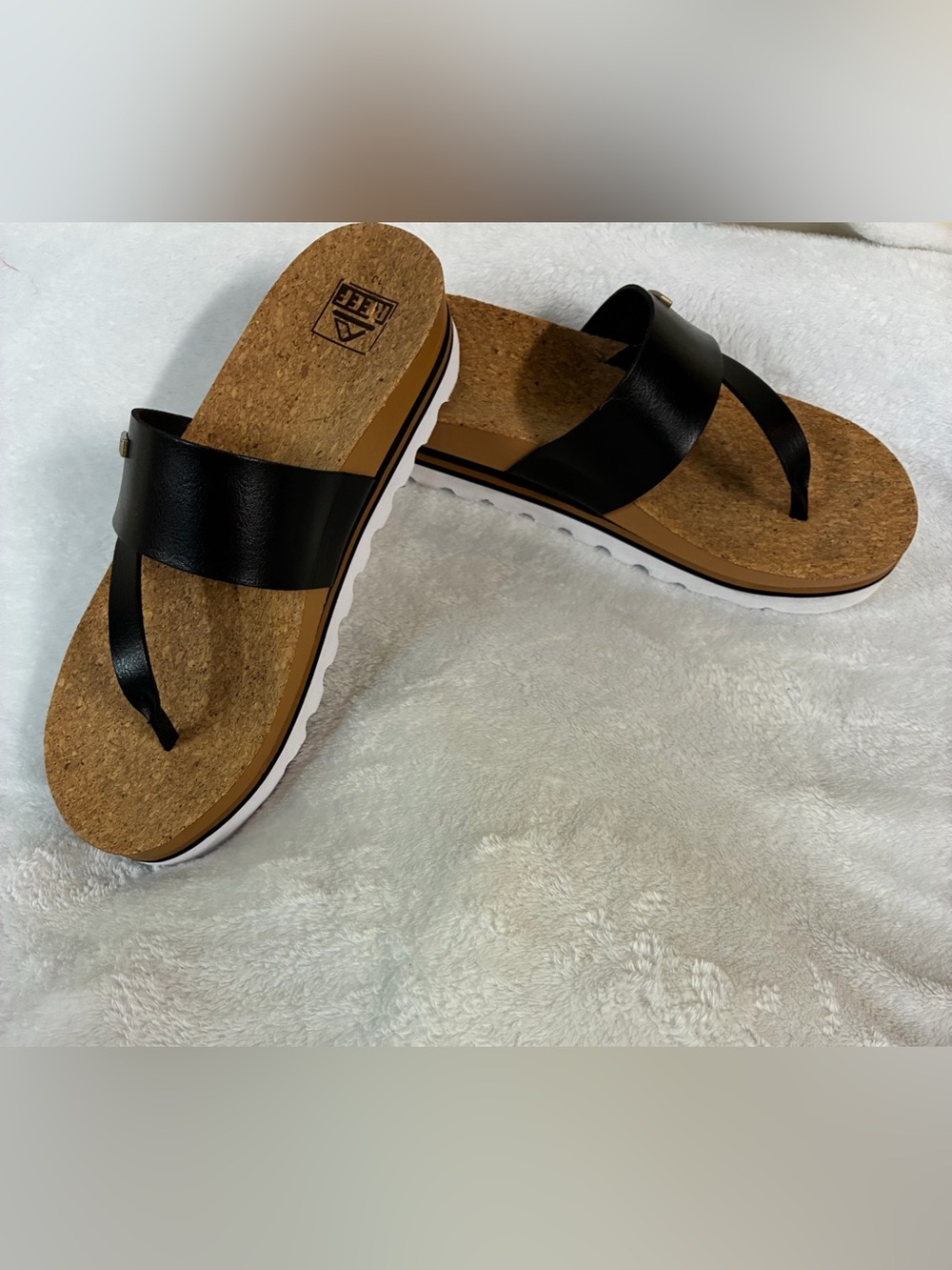 REEF Women’s Size 10 Black Cork Footbed Sandals Gold Logo Comfort Slides